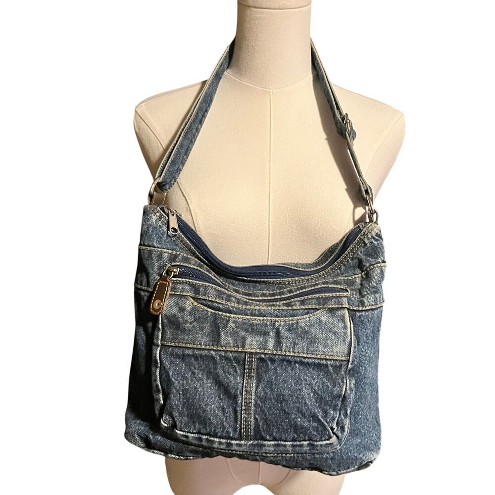 VTG Y2K Blue Distressed Denim Jean Hobo Bag Crossbody Shoulder Bag Denim Purse